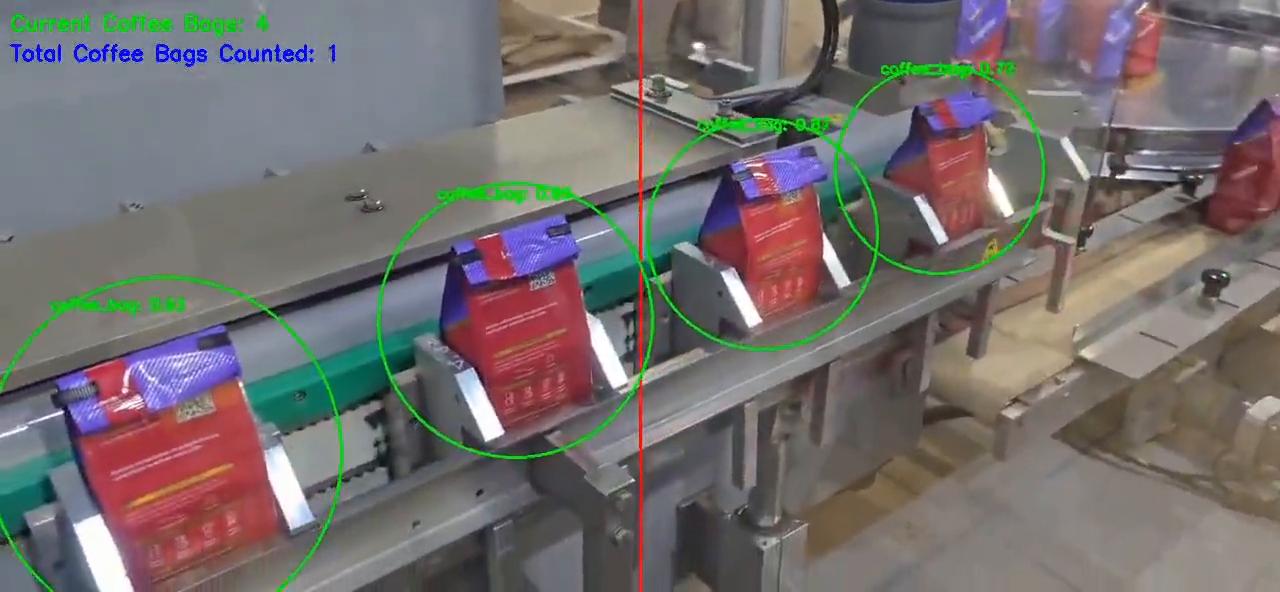 Conteo automático de bolsas de café en una línea de empaque mediante visión artificial.