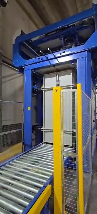 Paletizadora Verbruggen con cinta de rodillos de entrada en una planta de empaque en Argentina.