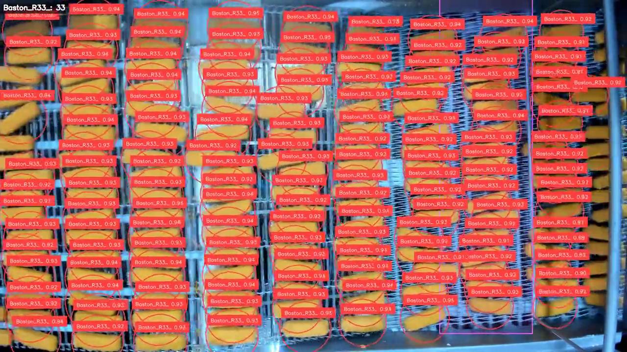 Detección simultánea de cientos de unidades sobre una cinta de congelado para control de calidad y conteo.